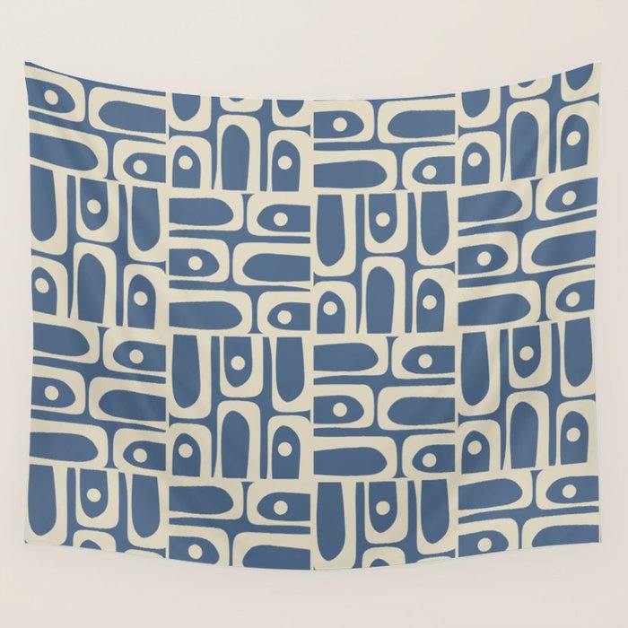 Mid Century Modern Geometric Abstract Piquet Multi Pattern in Blue Gray Beige Wall Tapestry Gallery Image 1