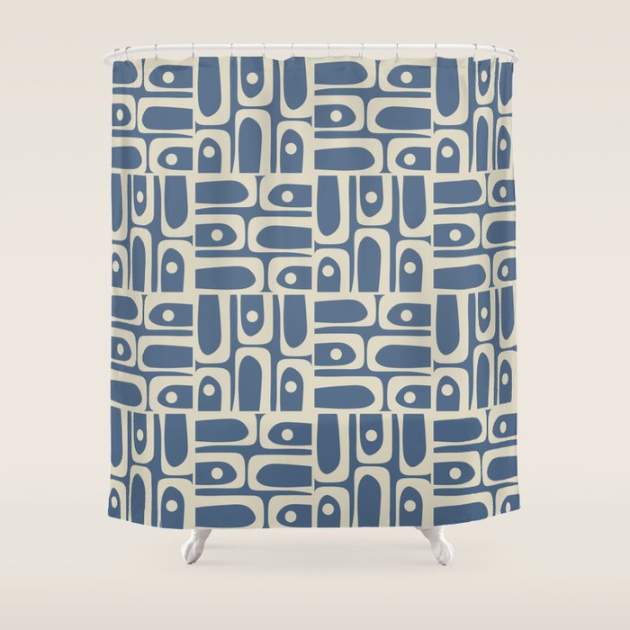 Mid Century Modern Geometric Abstract Piquet Multi Pattern in Blue Gray Beige Shower Curtain Gallery Image 1