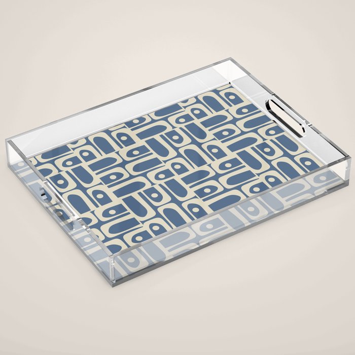 Mid Century Modern Geometric Abstract Piquet Multi Pattern in Blue Gray Beige Acrylic Tray Gallery Image 1