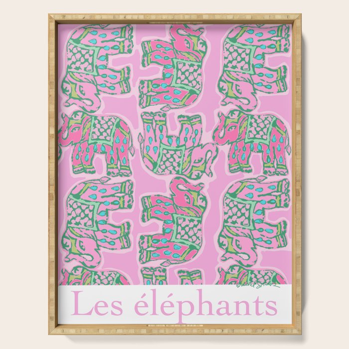 Elephant Block Print in Pink and Green Serving Tray Gallery Image 1
