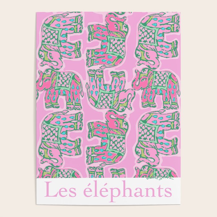 Elephant Block Print in Pink and Green Poster Gallery Image 1