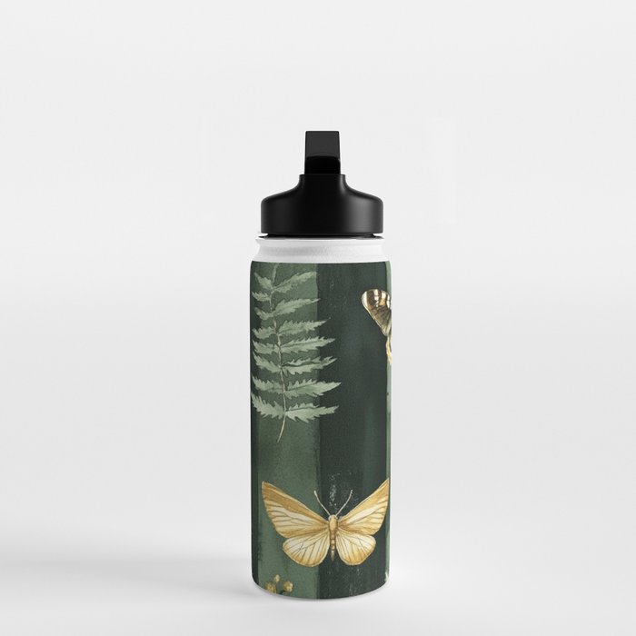 Night Forest Dark Green Watercolor Moths and Ferns All Over Water Bottle Gallery Image 3