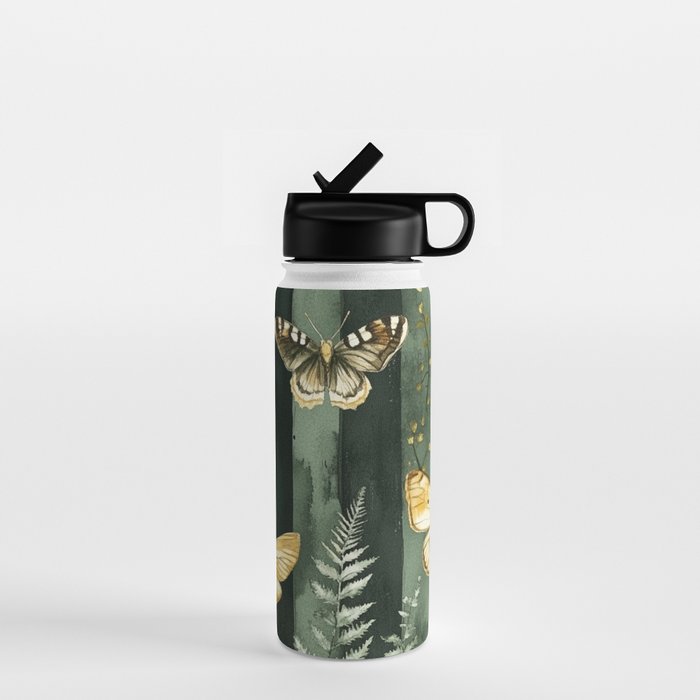 Night Forest Dark Green Watercolor Moths and Ferns All Over Water Bottle Gallery Image 1