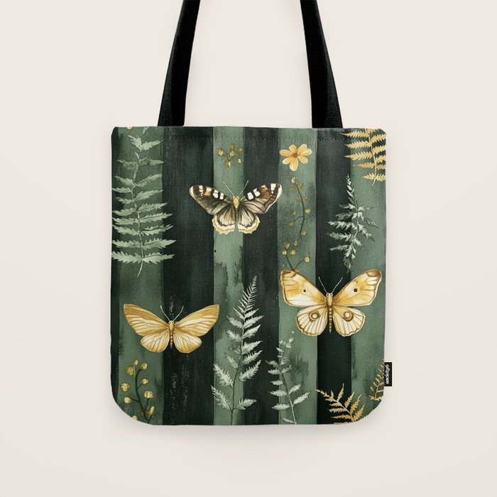 Night Forest Dark Green Watercolor Moths and Ferns All Over Tote Bag Gallery Image 1