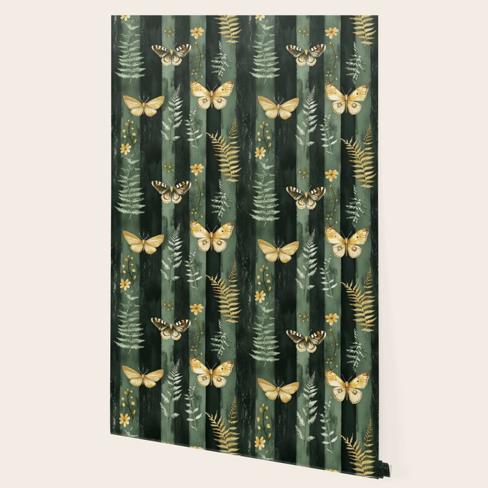 Night Forest Dark Green Watercolor Moths and Ferns All Over Wallpaper Gallery Image 2