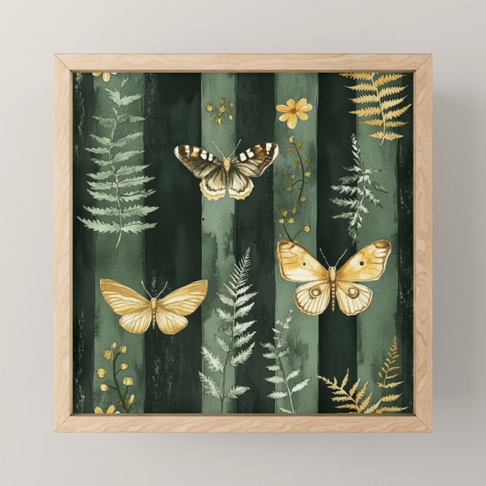 Night Forest Dark Green Watercolor Moths and Ferns All Over Mini Art Print Gallery Image 1