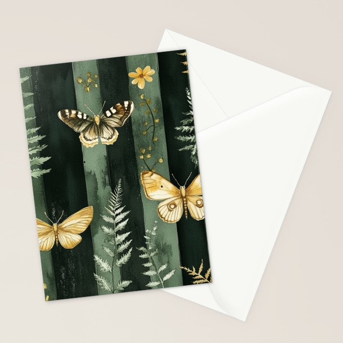 Night Forest Dark Green Watercolor Moths and Ferns All Over Stationery Card Gallery Image 2