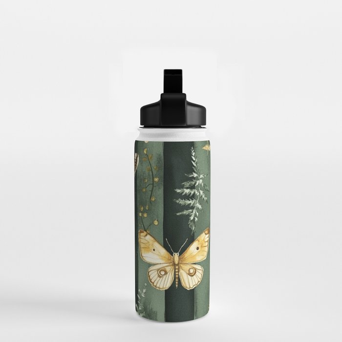Night Forest Dark Green Watercolor Moths and Ferns All Over Water Bottle Gallery Image 2