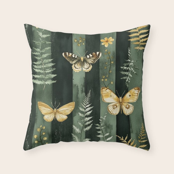 Night Forest Dark Green Watercolor Moths and Ferns All Over Throw Pillow Gallery Image 1