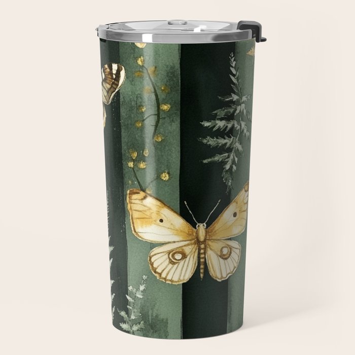 Night Forest Dark Green Watercolor Moths and Ferns All Over Travel Mug Gallery Image 2