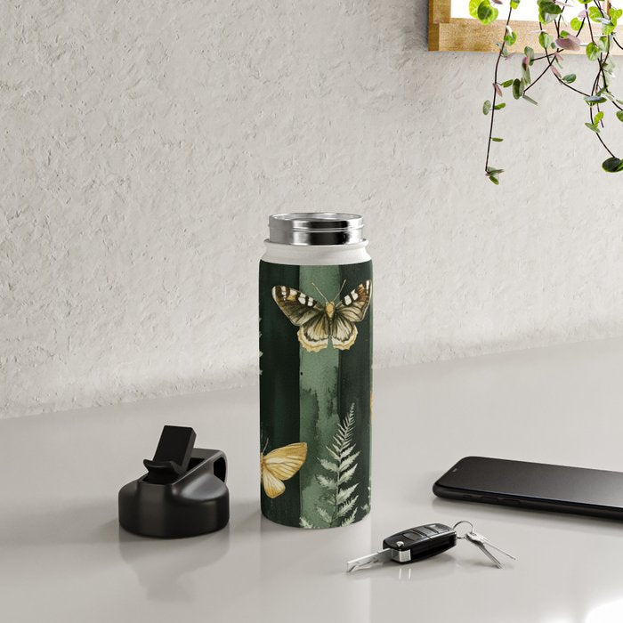 Night Forest Dark Green Watercolor Moths and Ferns All Over Water Bottle Gallery Image 4