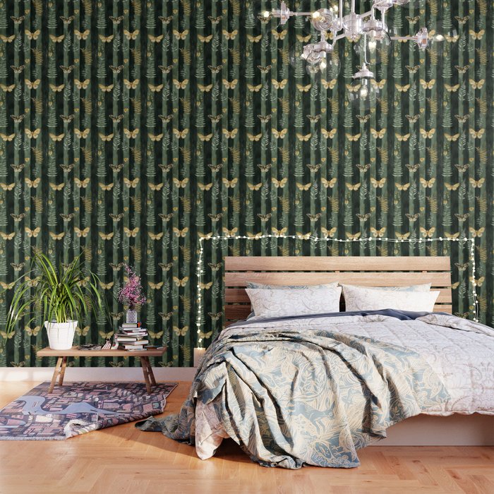 Night Forest Dark Green Watercolor Moths and Ferns All Over Wallpaper Gallery Image 3