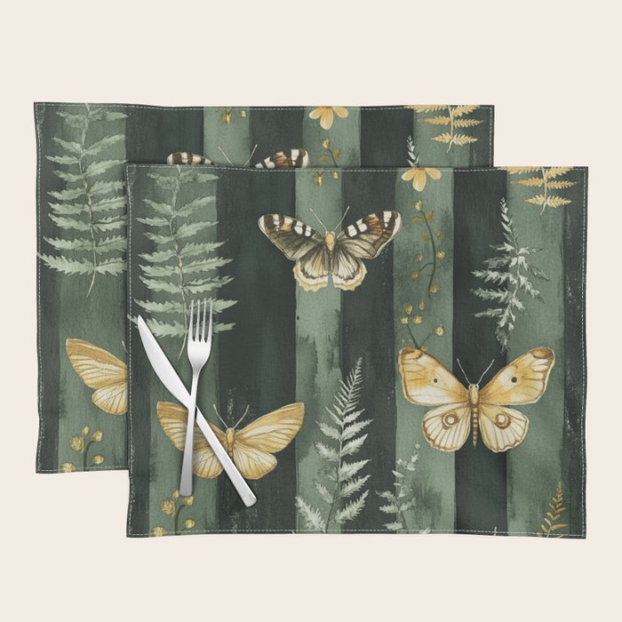 Night Forest Dark Green Watercolor Moths and Ferns All Over Placemat Gallery Image 1