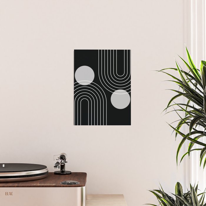 Mid Century Modern Geometric 109 in Black and White (Rainbow and Sun Abstraction) Poster Gallery Image 2