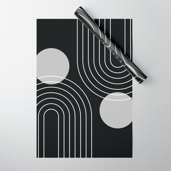 Mid Century Modern Geometric 109 in Black and White (Rainbow and Sun Abstraction) Wrapping Paper Gallery Image 1