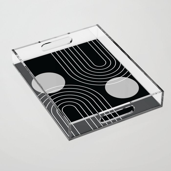 Mid Century Modern Geometric 109 in Black and White (Rainbow and Sun Abstraction) Acrylic Tray Gallery Image 1