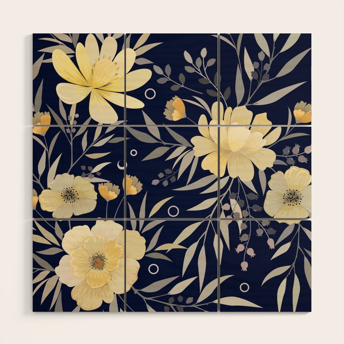 Modern, Boho, Floral Prints, Blue and Yellow Wood Wall Art Gallery Image 1