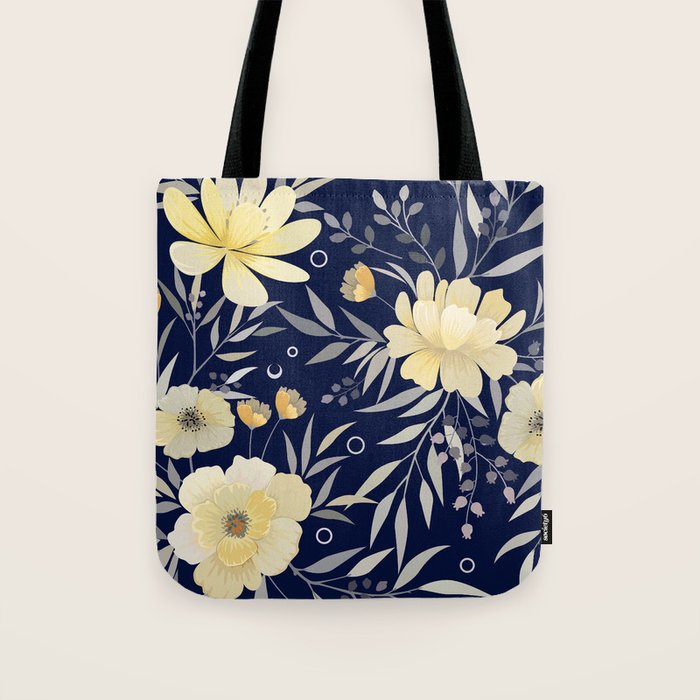 Modern, Boho, Floral Prints, Blue and Yellow Tote Bag Gallery Image 1