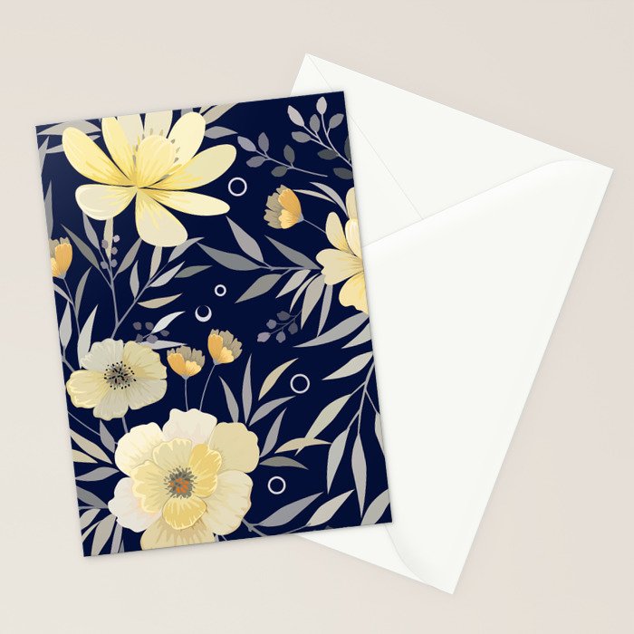 Modern, Boho, Floral Prints, Blue and Yellow Stationery Card Gallery Image 2