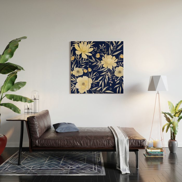 Modern, Boho, Floral Prints, Blue and Yellow Wood Wall Art Gallery Image 2