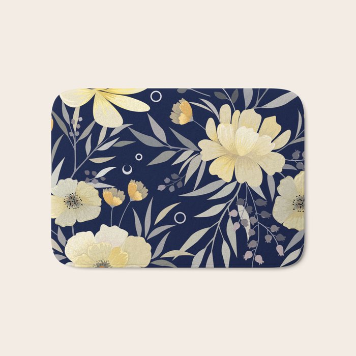 Modern, Boho, Floral Prints, Blue and Yellow Bath Mat Gallery Image 1