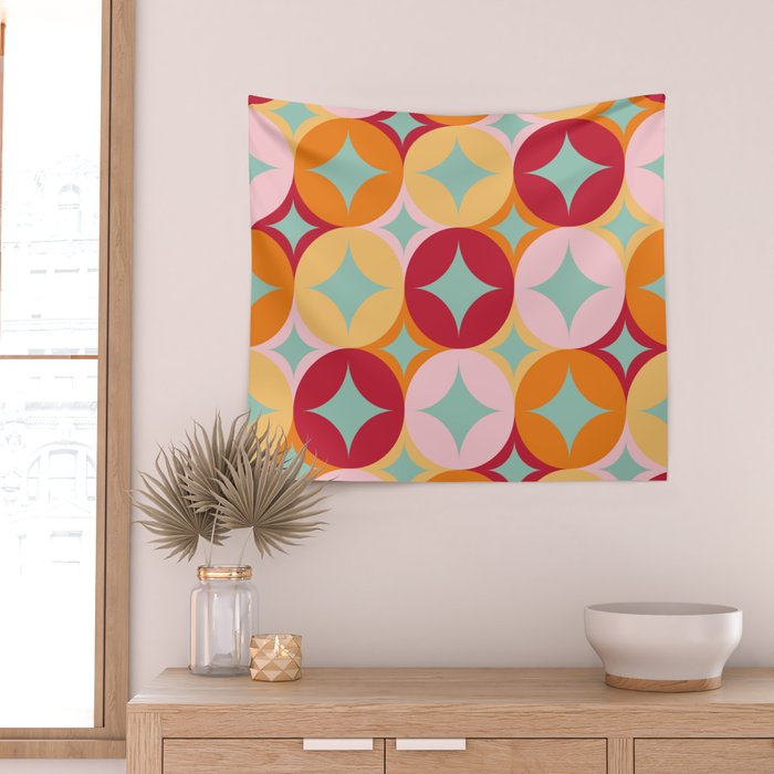 Merry and Bright, Christmas, Retro Art, Orange, Pink, Red, Yellow, Teal Wall Tapestry Gallery Image 2