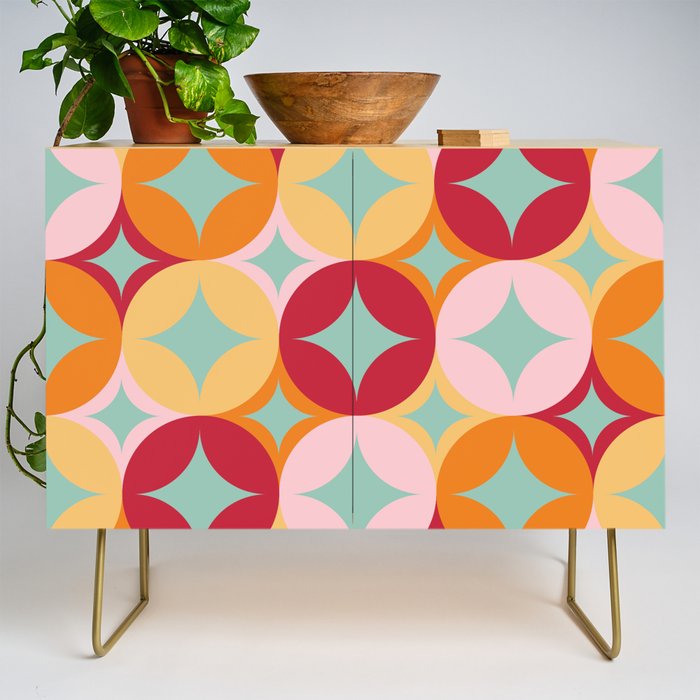 Merry and Bright, Christmas, Retro Art, Orange, Pink, Red, Yellow, Teal Credenza Gallery Image 1
