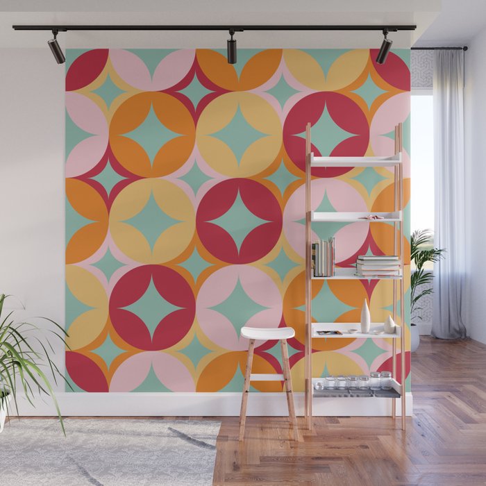 Merry and Bright, Christmas, Retro Art, Orange, Pink, Red, Yellow, Teal Wall Mural Gallery Image 1