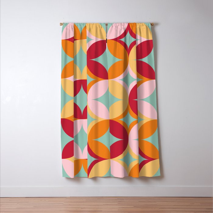 Merry and Bright, Christmas, Retro Art, Orange, Pink, Red, Yellow, Teal Window Curtain Gallery Image 3