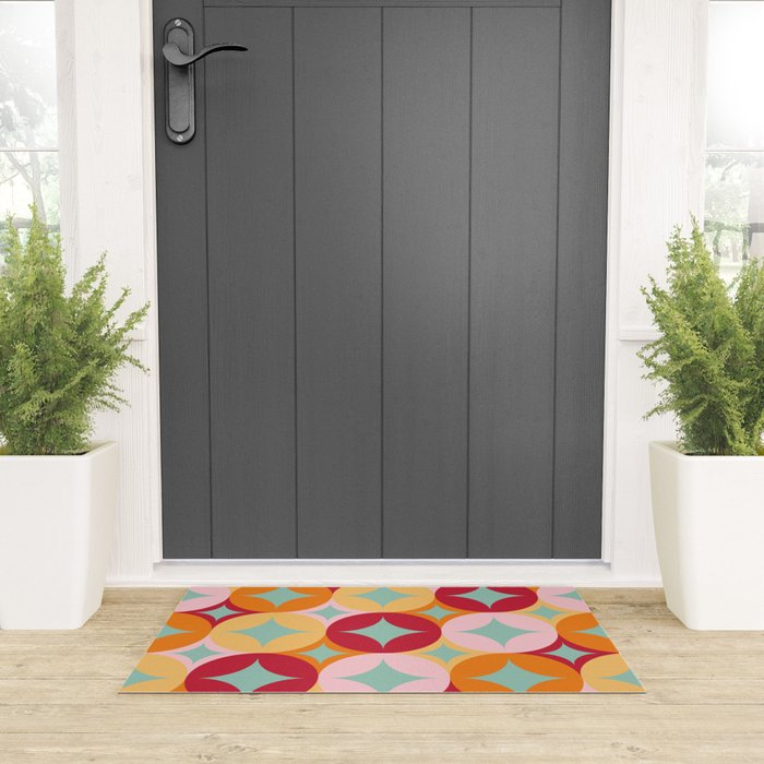Merry and Bright, Christmas, Retro Art, Orange, Pink, Red, Yellow, Teal Welcome Mat Gallery Image 3