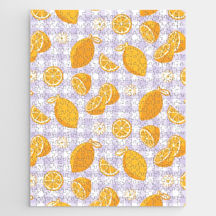 Lemons on Lilac Purple Gingham Jigsaw Puzzle