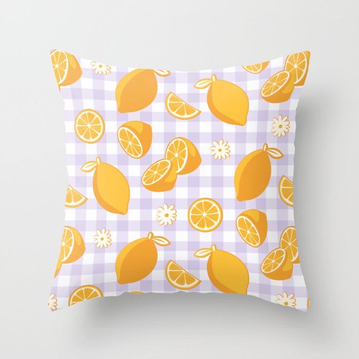 Lemons on Lilac Purple Gingham Throw Pillow Gallery Image 1