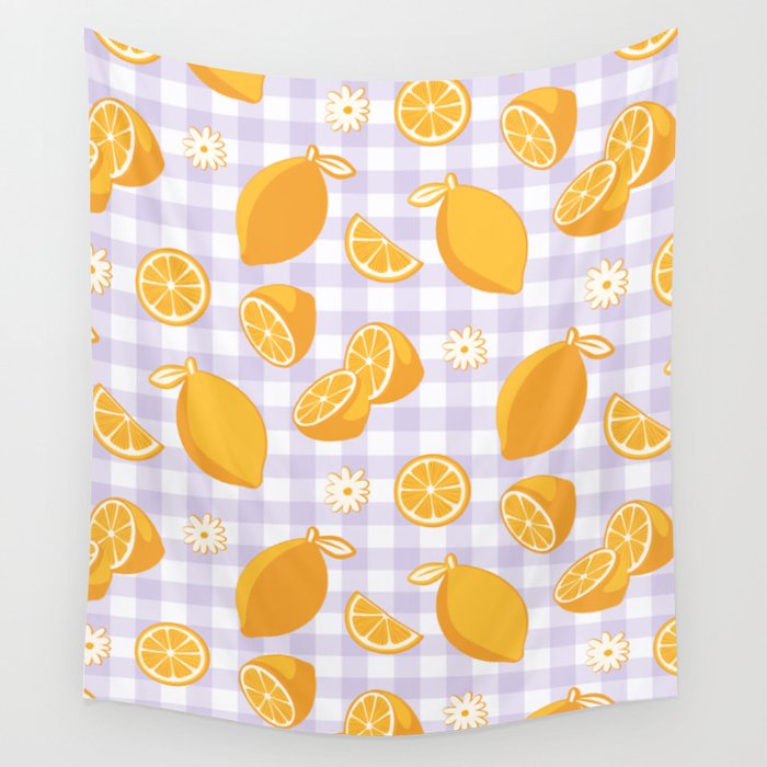 Lemons on Lilac Purple Gingham Wall Tapestry Gallery Image 1