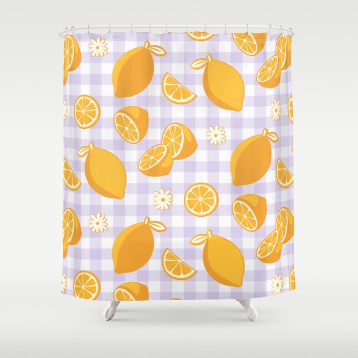 Lemons on Lilac Purple Gingham Shower Curtain Gallery Image 1