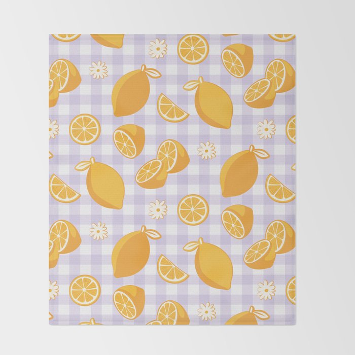 Lemons on Lilac Purple Gingham Throw Blanket Gallery Image 2