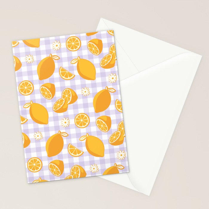 Lemons on Lilac Purple Gingham Stationery Card Gallery Image 2