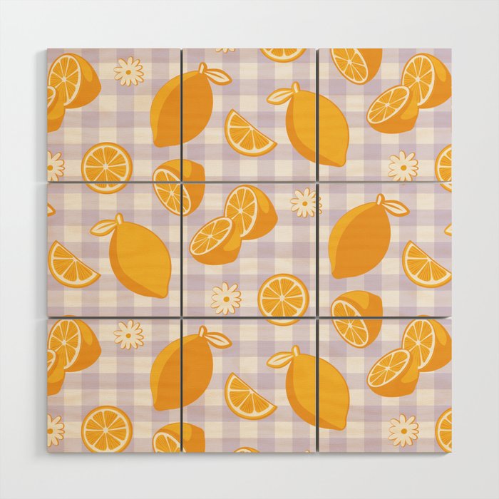 Lemons on Lilac Purple Gingham Wood Wall Art Gallery Image 1