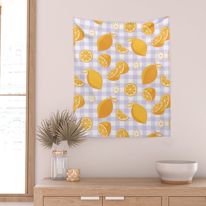 Lemons on Lilac Purple Gingham Wall Tapestry Gallery Image 2