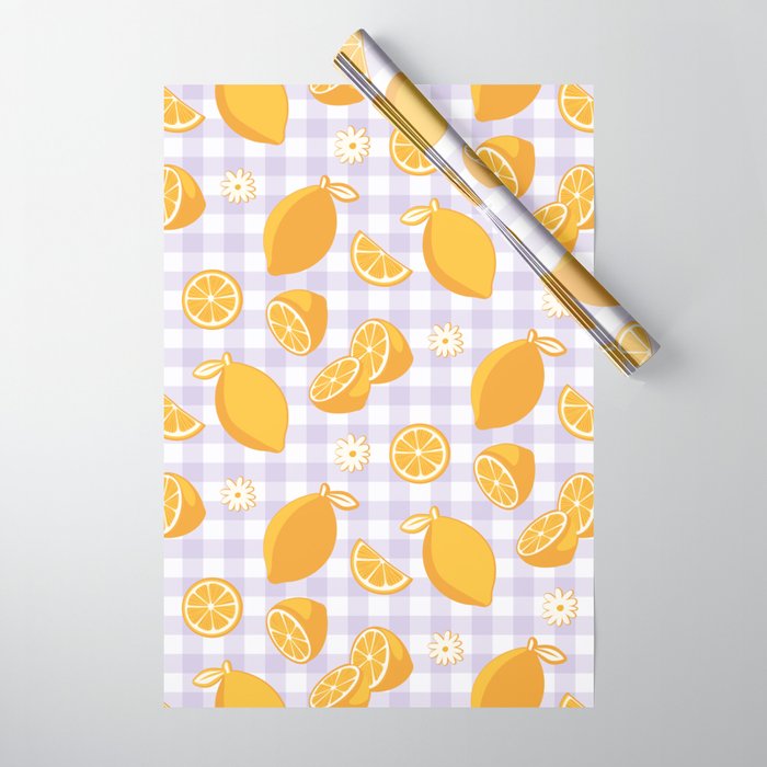 Lemons on Lilac Purple Gingham Wrapping Paper Gallery Image 1