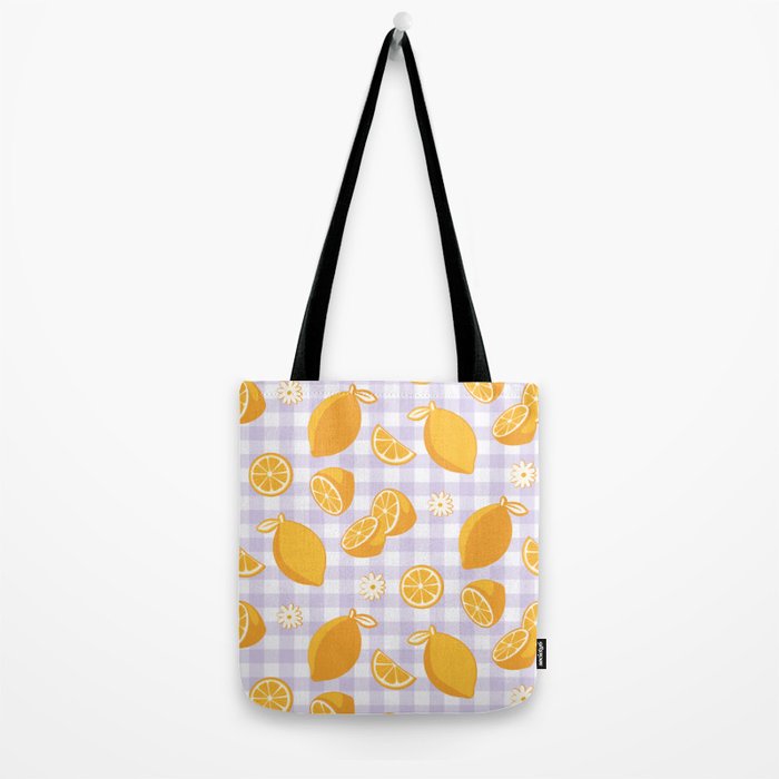 Lemons on Lilac Purple Gingham Tote Bag Gallery Image 2
