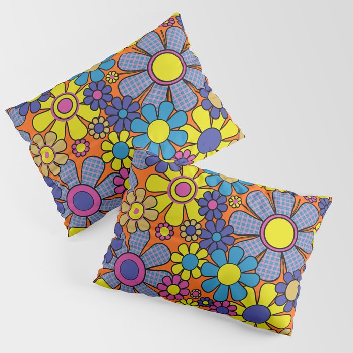 Groovy Maximalist Floral Retro Garden Gingham Flowers 60s 70s Pattern Pillow Sham Gallery Image 1