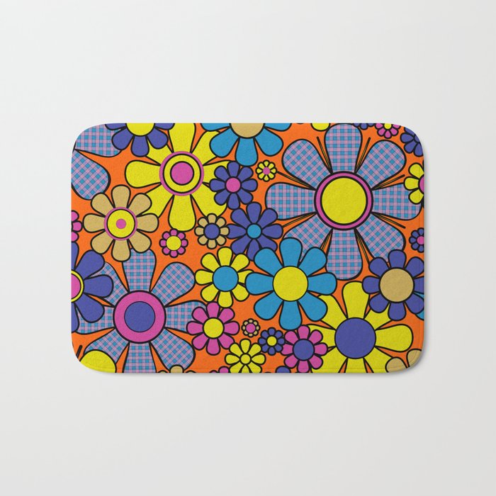 Groovy Maximalist Floral Retro Garden Gingham Flowers 60s 70s Pattern Bath Mat Gallery Image 1
