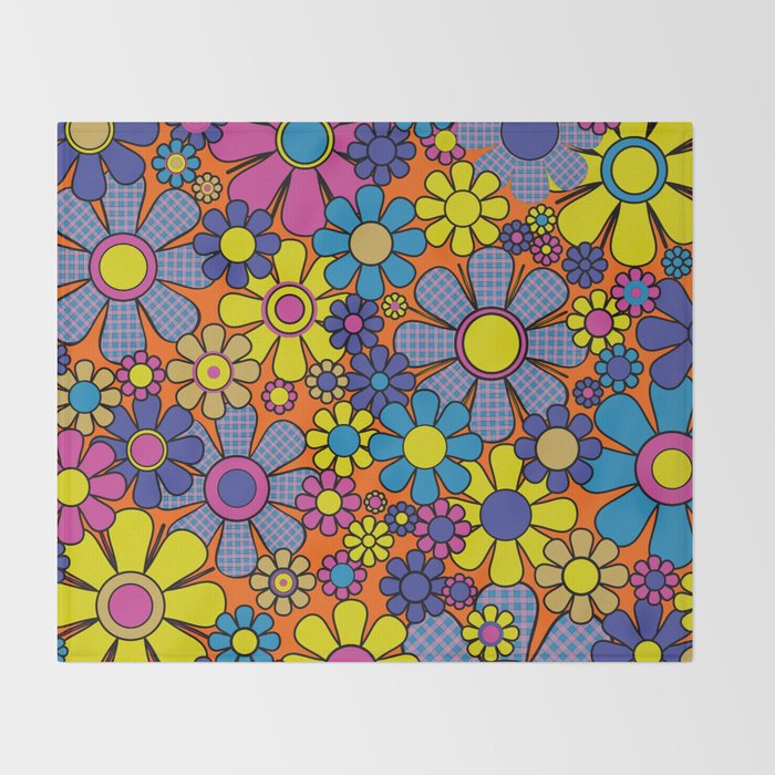Groovy Maximalist Floral Retro Garden Gingham Flowers 60s 70s Pattern Throw Blanket Gallery Image 2