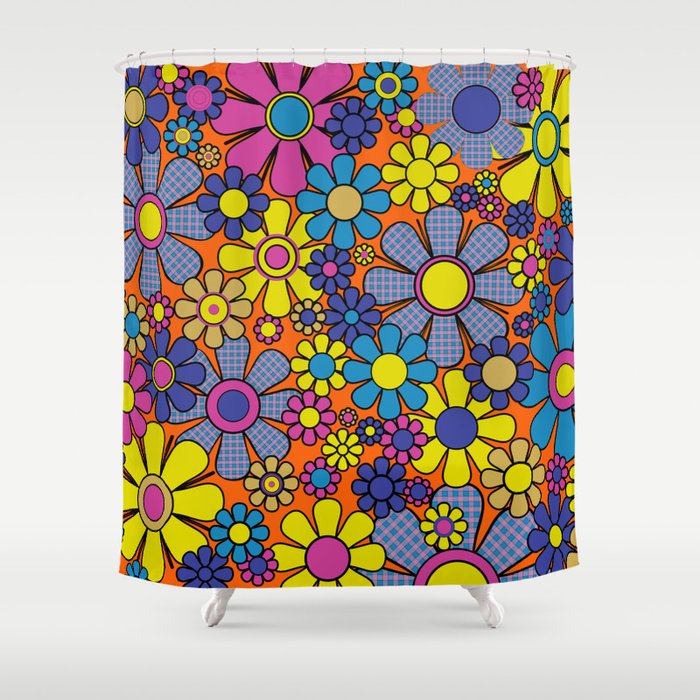 Groovy Maximalist Floral Retro Garden Gingham Flowers 60s 70s Pattern Shower Curtain Gallery Image 1