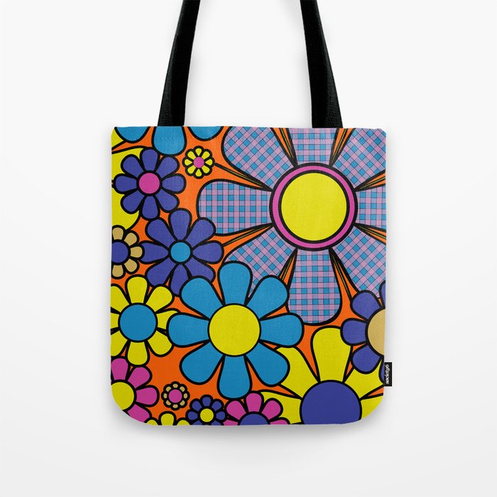 Groovy Maximalist Floral Retro Garden Gingham Flowers 60s 70s Pattern Tote Bag Gallery Image 1