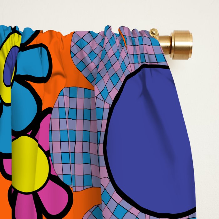 Groovy Maximalist Floral Retro Garden Gingham Flowers 60s 70s Pattern Window Curtain Gallery Image 2