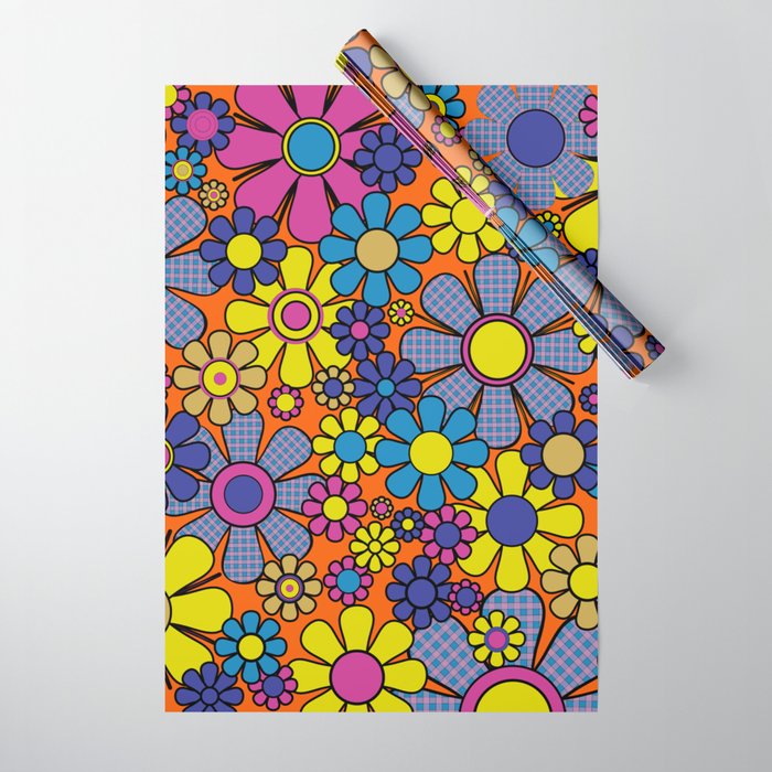 Groovy Maximalist Floral Retro Garden Gingham Flowers 60s 70s Pattern Wrapping Paper Gallery Image 1