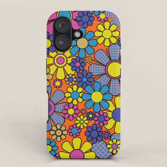 Groovy Maximalist Floral Retro Garden Gingham Flowers 60s 70s Pattern iPhone Case Gallery Image 1
