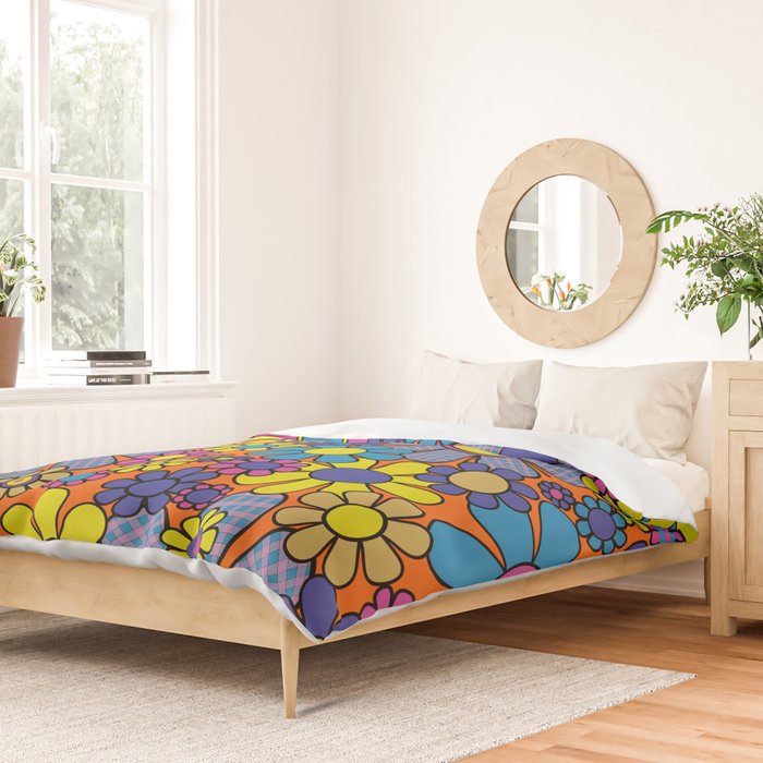 Groovy Maximalist Floral Retro Garden Gingham Flowers 60s 70s Pattern Duvet Cover Gallery Image 2