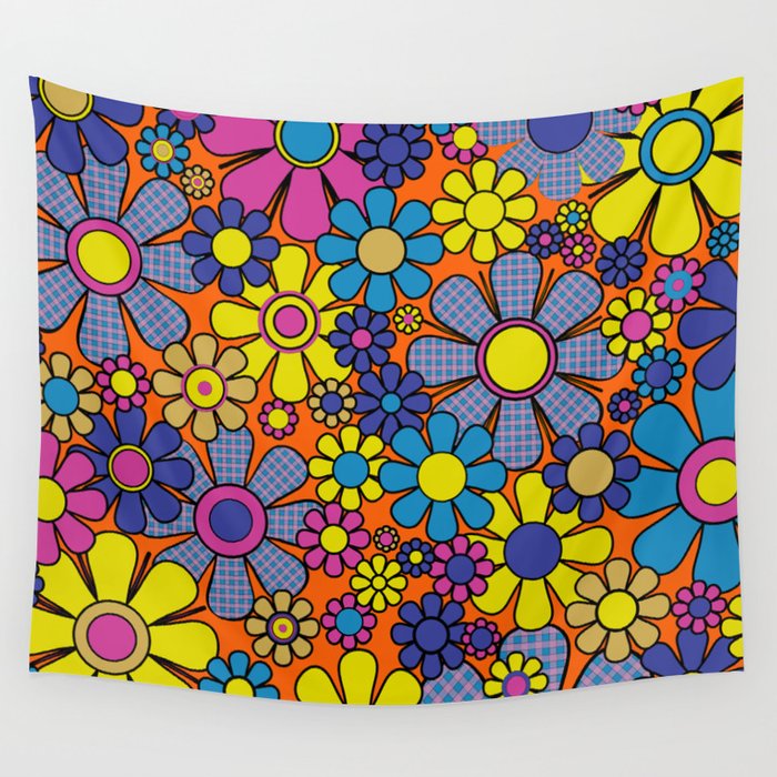 Groovy Maximalist Floral Retro Garden Gingham Flowers 60s 70s Pattern Wall Tapestry Gallery Image 4